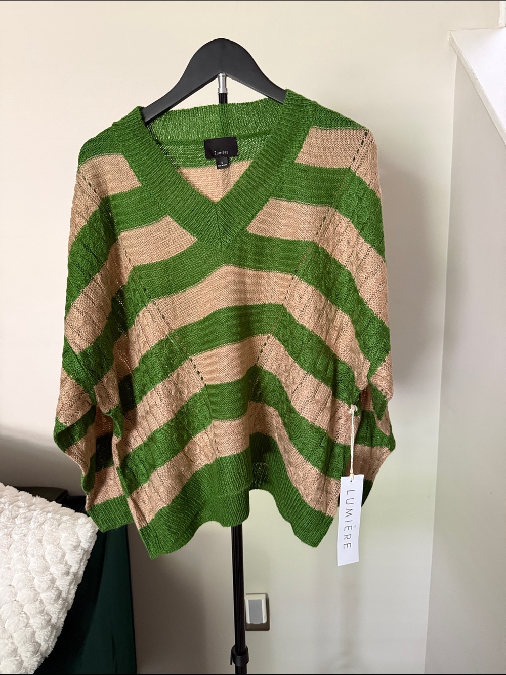 Lumiere Green & Beige Striped V-Neck Pullover